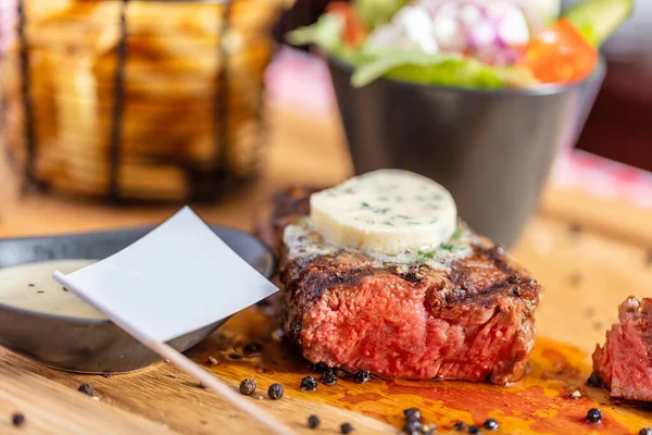 Beef Steak Meal Empty Toothpick Flag American Restaurant — Stock Photo, Image