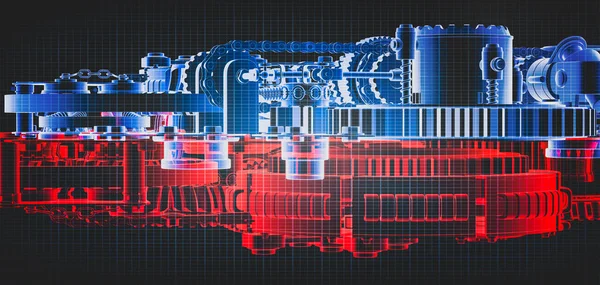 Blueprint Projekt Der Motorkonstruktion Mit Zahnrädern Und Zahnrädern — Stockfoto