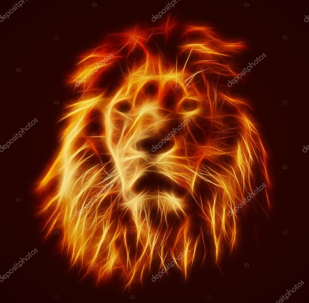 Abstract, artistic lion portrait. Fire flames fur, black background. Big adult lion with rich mane.