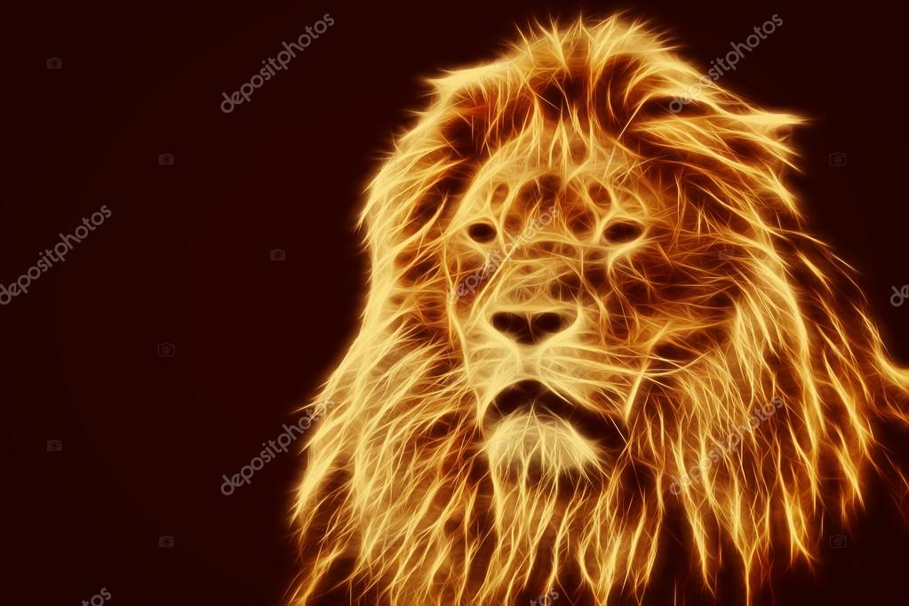 Abstract, artistic lion portrait. Fire flames fur, black background. Big adult lion with rich mane.