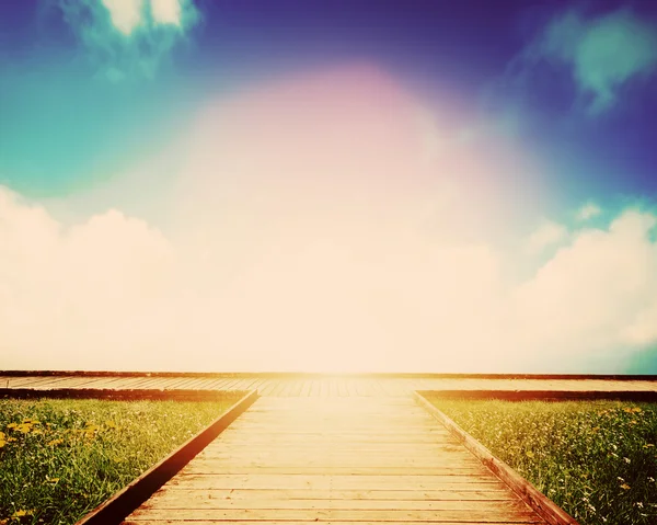 Wooden path leading to crossroads. — Stock Photo, Image