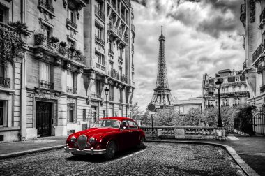 Eiffel Tower with retro car clipart