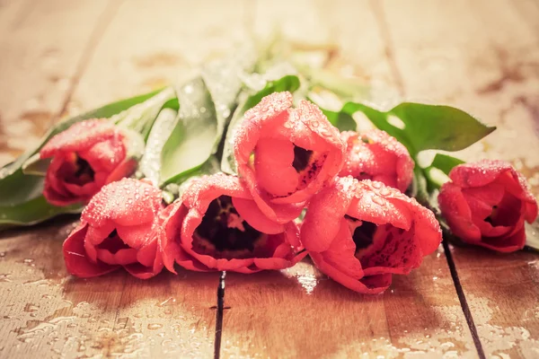 Frische rote Tulpenblüten Strauß auf Holz — Stockfoto