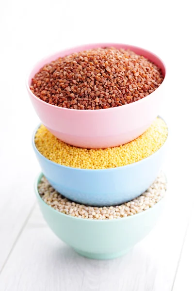 Groats collection in bowls — Stock Photo, Image