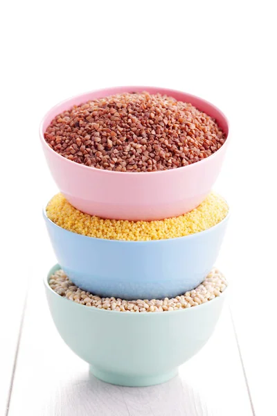 Groats collection in bowls — Stock Photo, Image