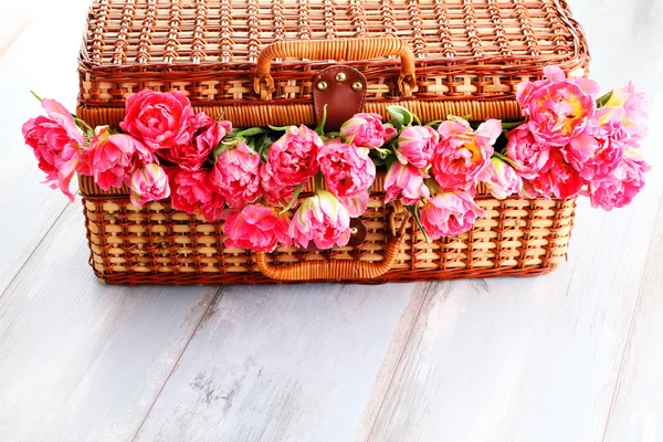 Cesta de picnic llena de tulipanes rosas — Foto de Stock