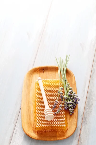 Pente de mel com flores de lavanda — Fotografia de Stock