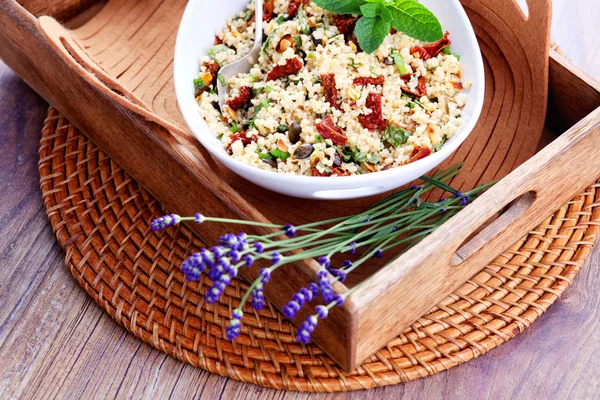 Bowl of bulgur salad  with dry tomato — Zdjęcie stockowe