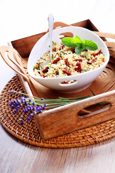 Bowl of bulgur salad  with dry tomato — Zdjęcie stockowe