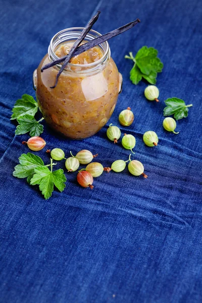 Homemade gooseberry jam with vanilla — Stock Photo, Image