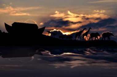 Noah's ark ve hayvanlar, arka planda günbatımı