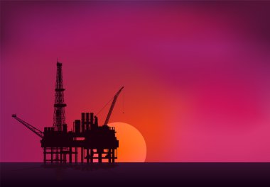 Petrol platformu deniz ve gün batımı arka planda Illustration. Ve