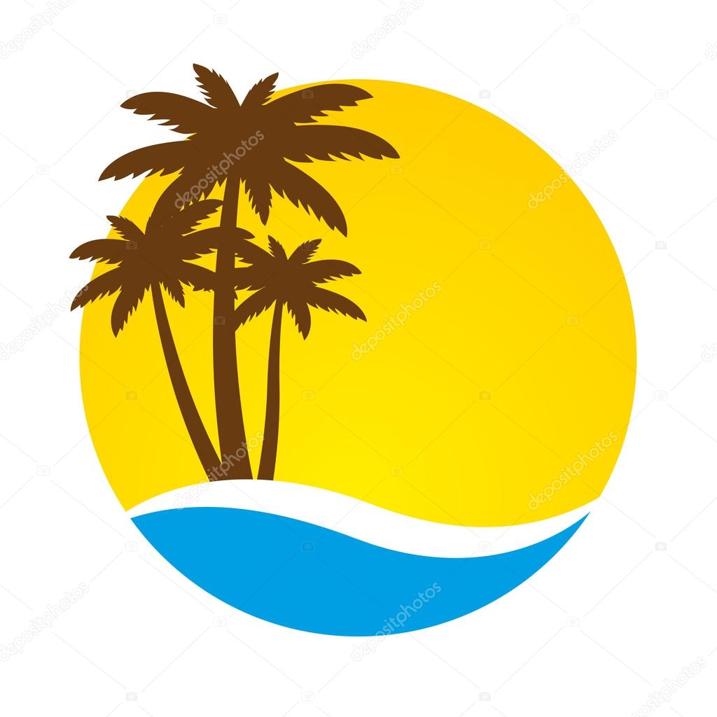 Sunset and palm trees on island, vector 