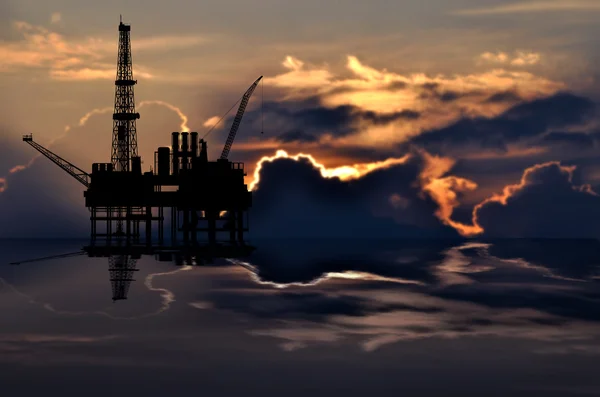 Illustration of oil platform on sea and sunset in background — Stock Photo, Image