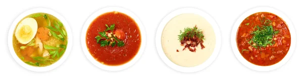 4 Teller frische Suppen — Stockfoto