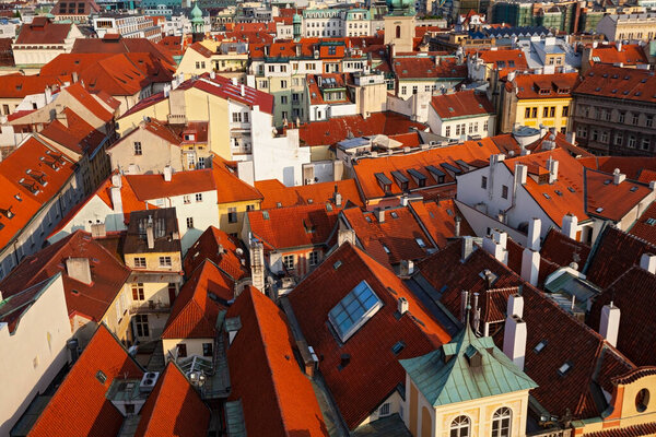 Czech Republic, Prague - July 6 2013: Scenic view of townscape with red roofs of Prague
