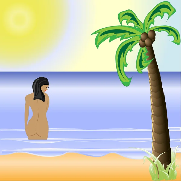 明るい太陽と美しいヤシの木と太陽が降り注ぐビーチ — ストックベクタ