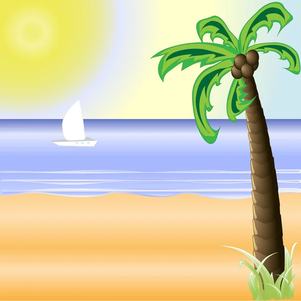 A sunny beach with a bright sun and a beautiful palm tree — Stock Vector