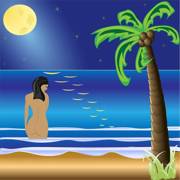 Moonlight beach. Summer holidays background. Sea, starry night sky and girl — Stock Vector