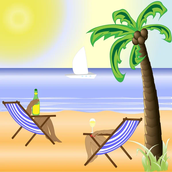 Uma praia ensolarada com um sol brilhante e uma bela palmeira —  Vetores de Stock
