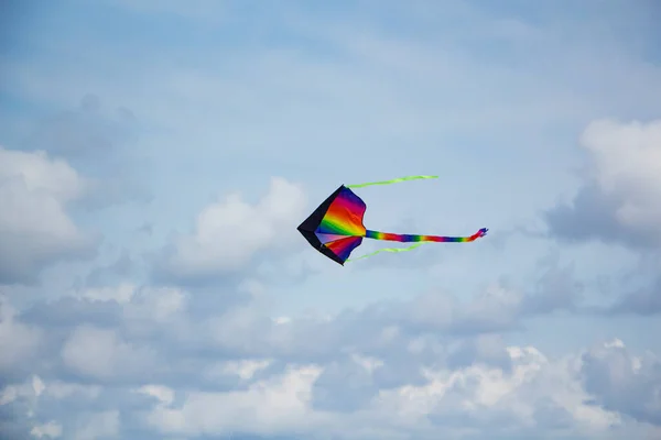 Una cometa multicolor brillante en tiempo nublado. Buen humor.. — Foto de Stock