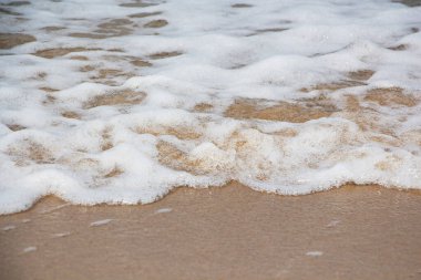 Güneşli bir günde kumlu bir sahilde beyaz bir köpük dalgası.