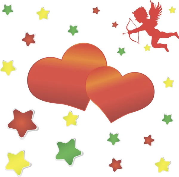 Cupid, big red heart and colorful stars on the background. — Stock Vector