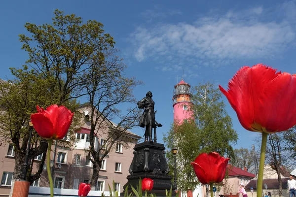 Anıt arka planını çiçekler üzerinde büyük Peter