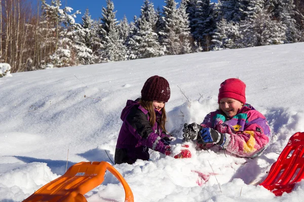 Happy Children Winter Children Plaing Snow Children Sledging — Stock Photo, Image