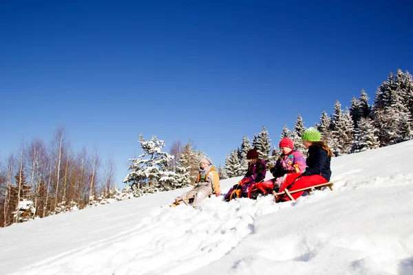 Glückliche Kinder Beim Rodeln Winter Kindergruppe Verbringt Schöne Zeit Winter — Stockfoto