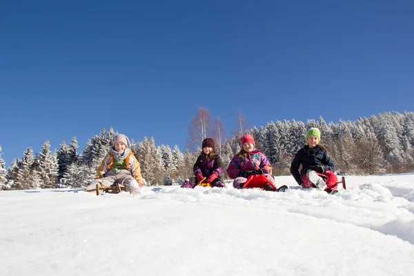 Vrolijke Kinderen Sleeën Winter Groep Kinderen Brengt Een Leuke Tijd — Stockfoto