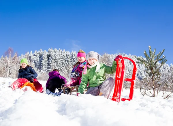 Joyeux Enfants Luge Heure Hiver Groupe Enfants Passer Bon Moment — Photo