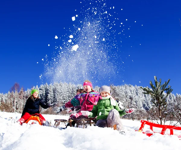 Vrolijke Kinderen Sleeën Winter Groep Kinderen Brengt Een Leuke Tijd — Stockfoto