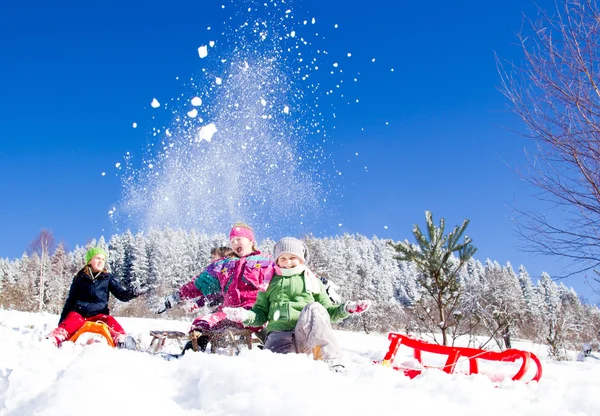 Mutlu çocuklar kış vakti kızakla kayıyor. Bir grup çocuk kışın iyi vakit geçiriyor..