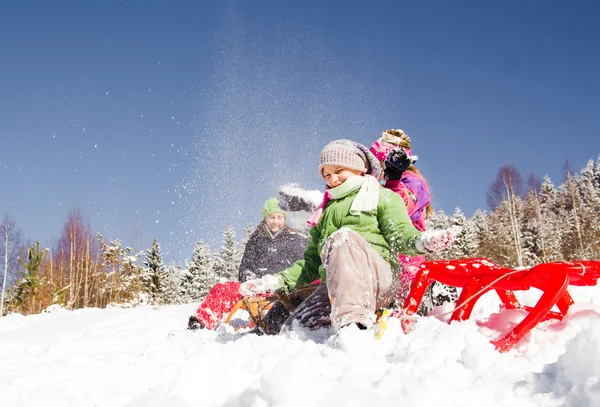 Happy Children Sledding Winter Time Group Children Spending Nice Time — Stock Photo, Image