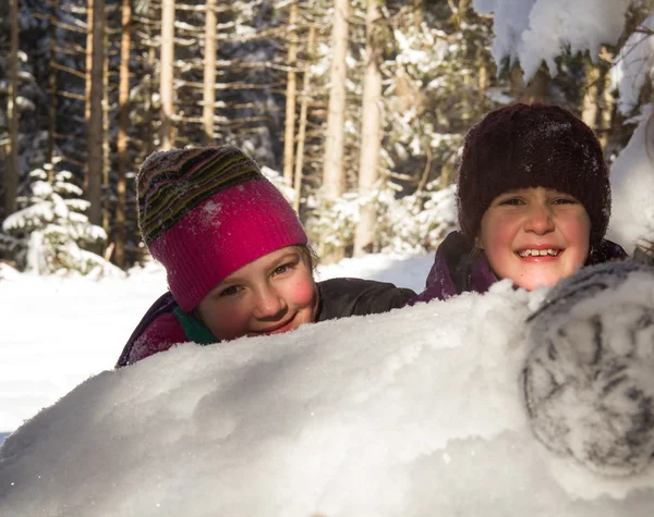 Szczęśliwe Dzieci Bawiące Się Zimą Grupa Dzieci Spędza Miło Czas — Zdjęcie stockowe
