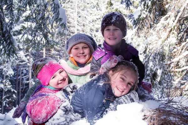 Niños Felices Jugando Invierno Grupo Niños Pasando Buen Rato Invierno —  Fotos de Stock