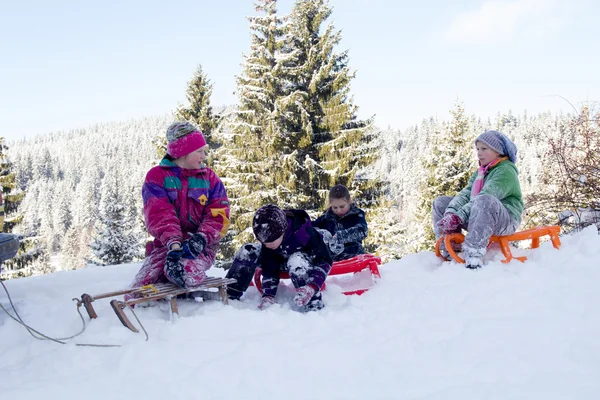 Glückliche Kinder Beim Rodeln Winter Kindergruppe Verbringt Schöne Zeit Winter — Stockfoto