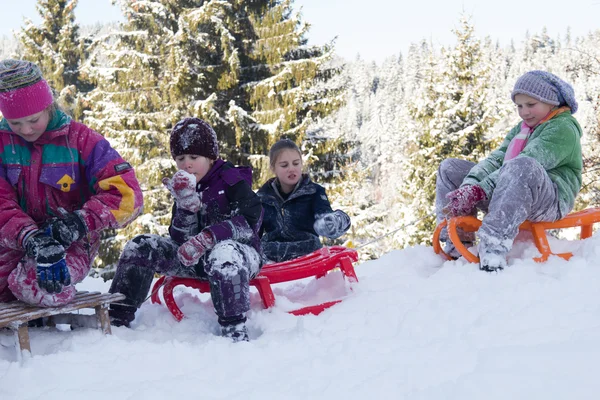 Vrolijke Kinderen Sleeën Winter Groep Kinderen Brengt Een Leuke Tijd — Stockfoto