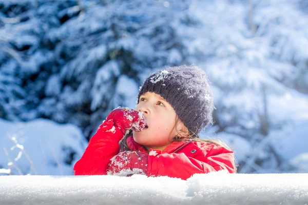 雪地森林里一个戴着冬帽的小女孩的画像 — 图库照片