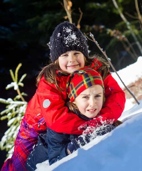 Two Little Girls Playing Snow — Stock Photo, Image