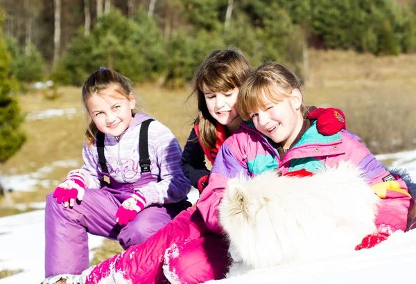 Groupe Enfants Jouant Avec Chien Samoyed Sur Neige — Photo