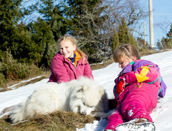 Grupp Barn Leker Med Samoyed Hund Snön — Stockfoto