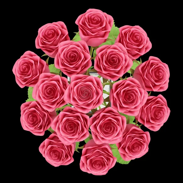 Top view of red roses in glass vase isolated on black background — Stock Photo, Image