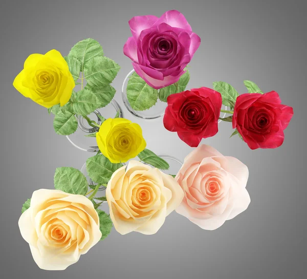 Вид зверху на троянди в скляних вазах ізольовані на сірому фоні — стокове фото