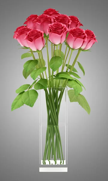 Красные розы в стеклянной вазе изолированы на сером фоне. 3D-иллюстрация — стоковое фото