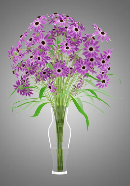 Фіолетові квіти у скляній вазі ізольовані на сірому фоні. 3d хворий — стокове фото