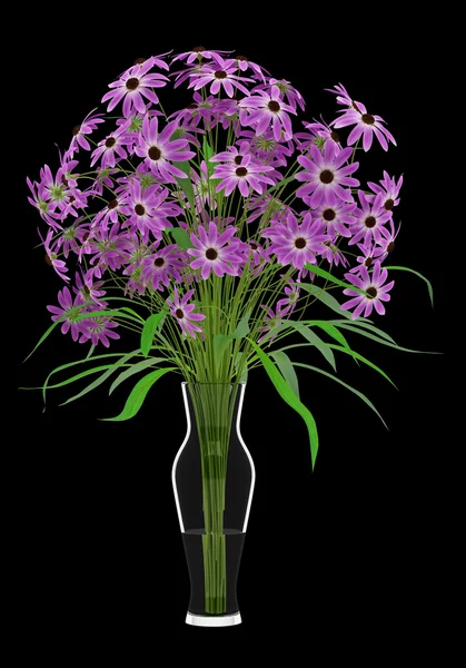 黒の背景に分離されたガラス花瓶紫色の花。3 d イリノイ — ストック写真