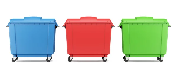 Tres contenedores de basura de color aislados sobre fondo blanco. 3d —  Fotos de Stock