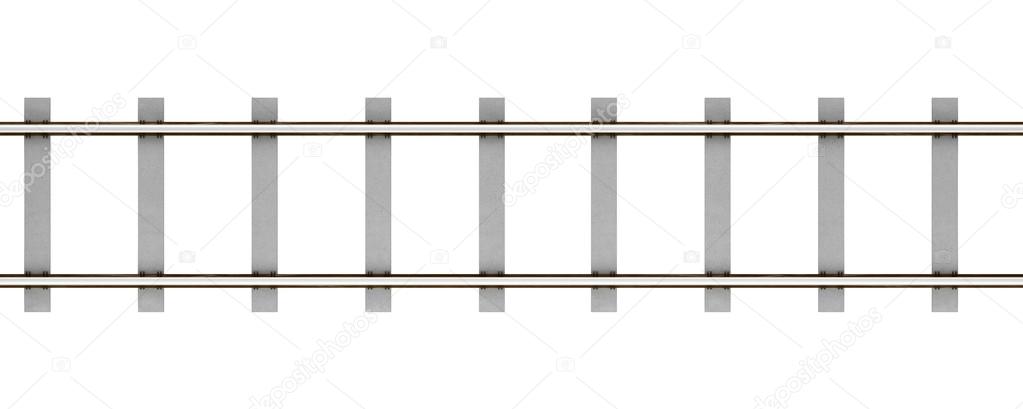 Top view of rails with concrete sleepers isolated on white backg ...
